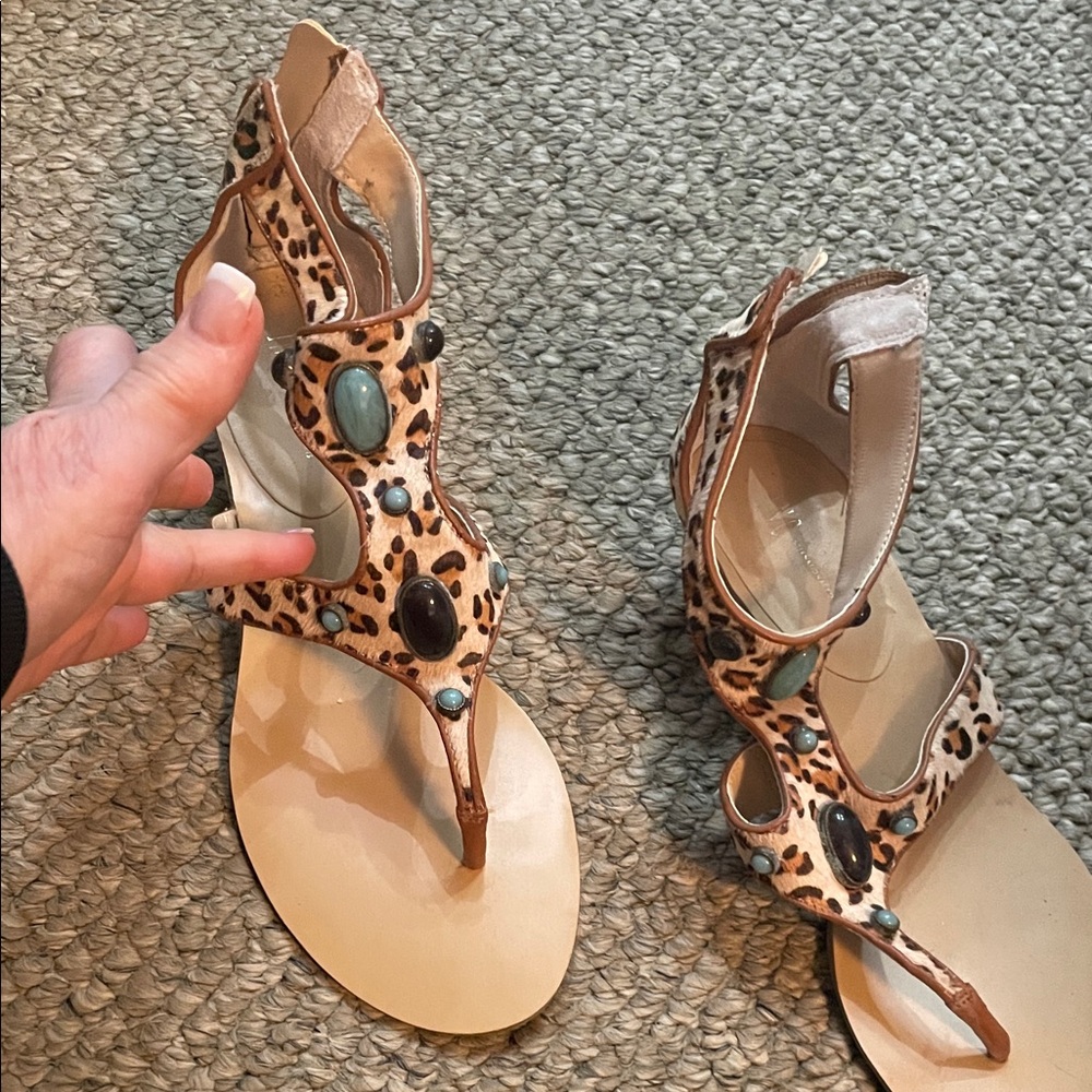INC International Concepts Leopard Print Sandals with Turquoise and Black Stones